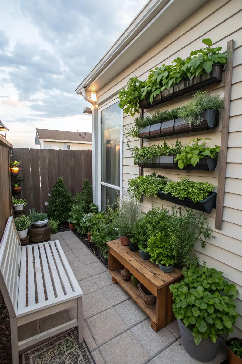 A vertical herb garden is a practical and beautiful addition.