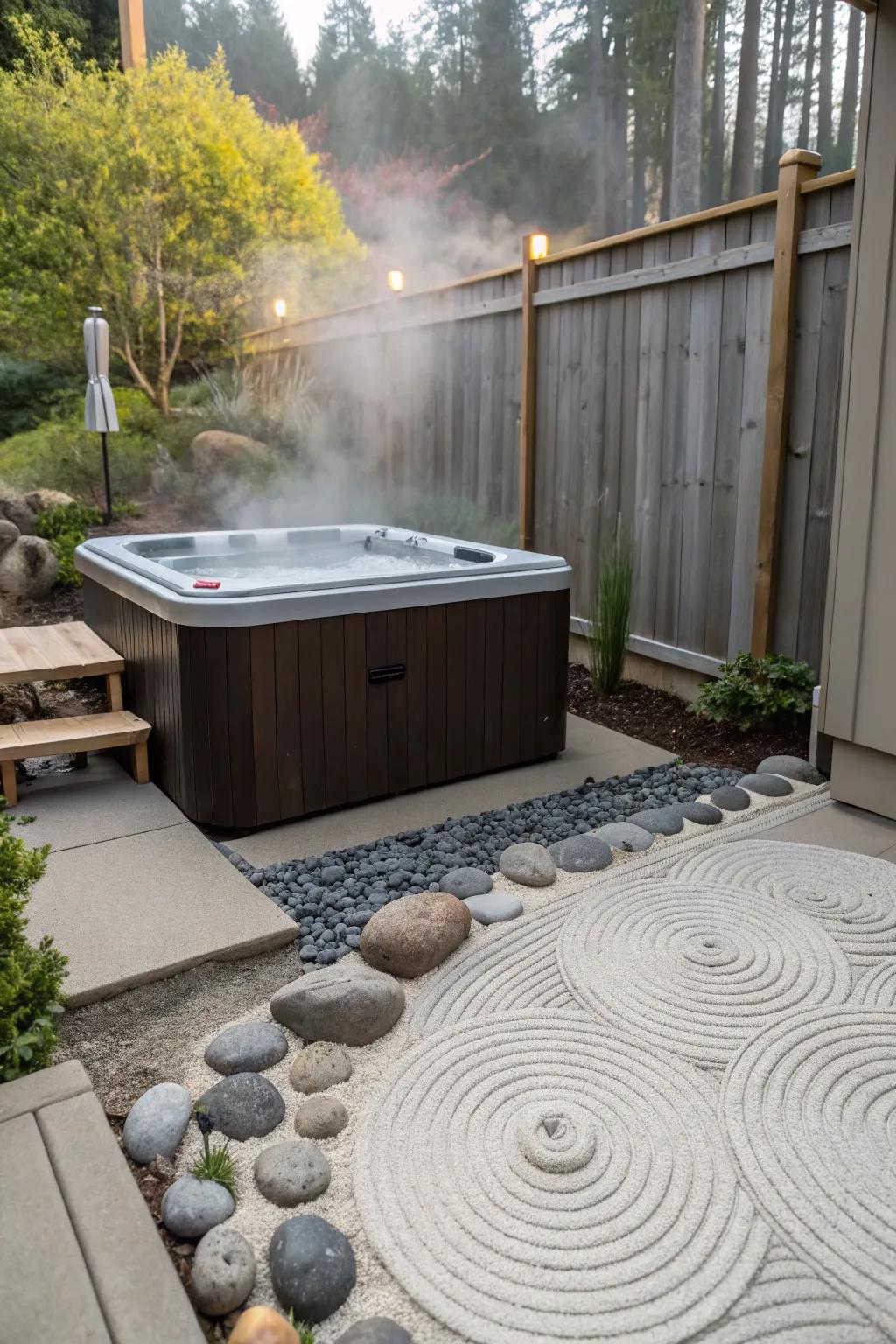 A Zen garden corner invites relaxation and meditation.