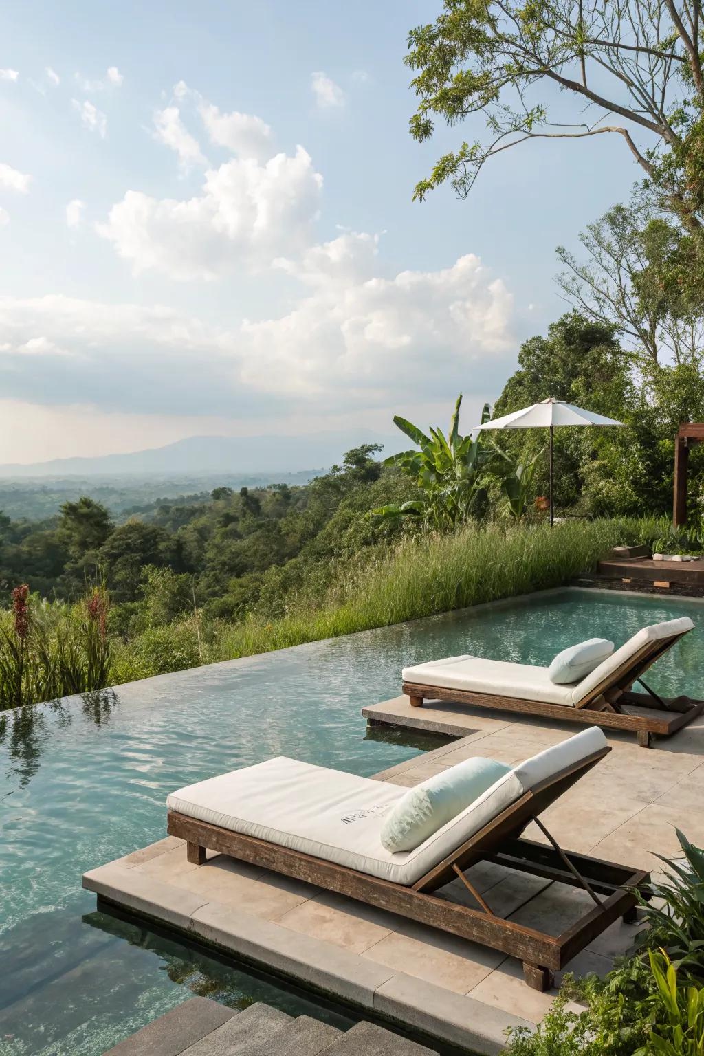 Floating loungers offer a stylish way to relax in a small pool.