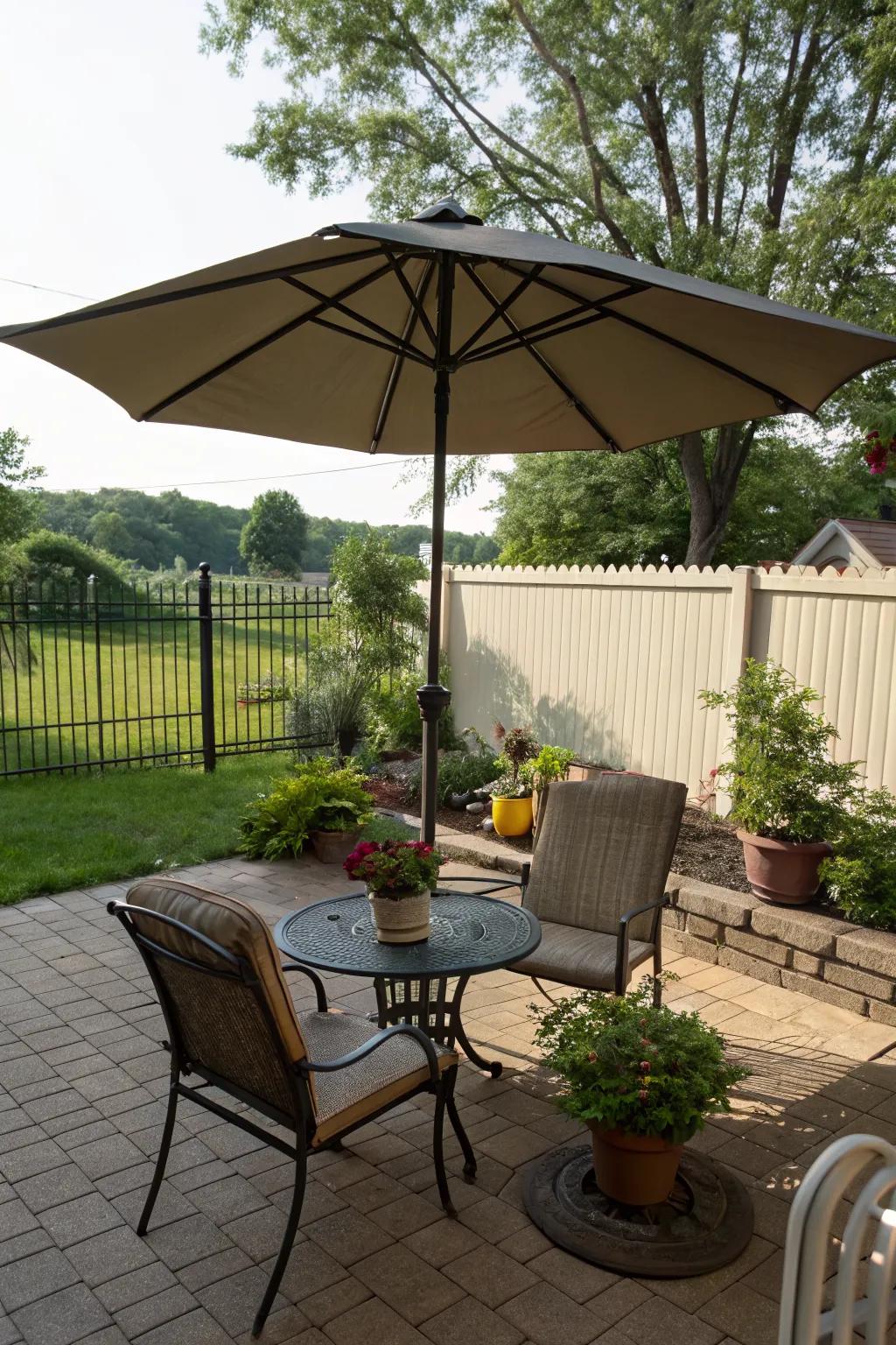 Patio umbrellas offer versatile coverage and privacy.