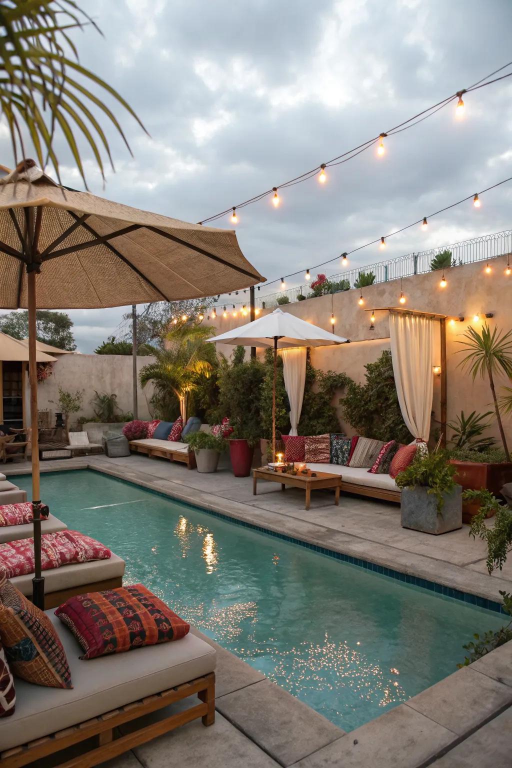 Lounge nooks providing a resort-like feel to a small pool.