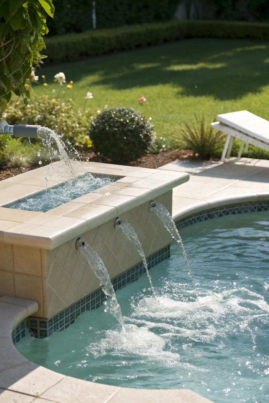 Unique water features add a playful dynamic to the pool.