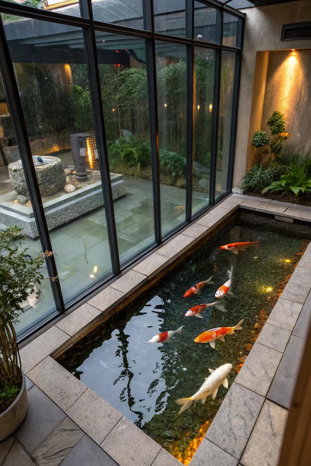 Glass walls provide a fascinating view into the pond's underwater world.