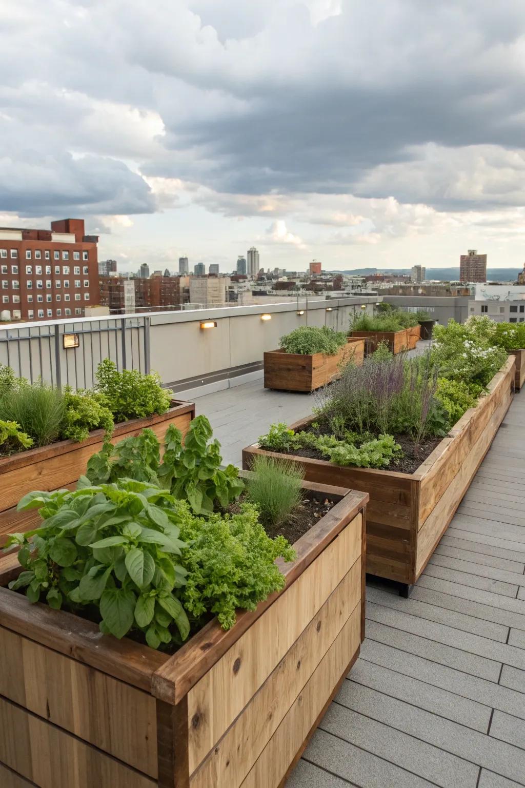 Built-in planters integrate greenery effortlessly.