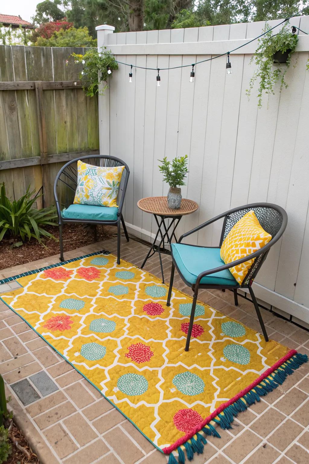 A colorful outdoor rug bringing vibrancy to a small patio.