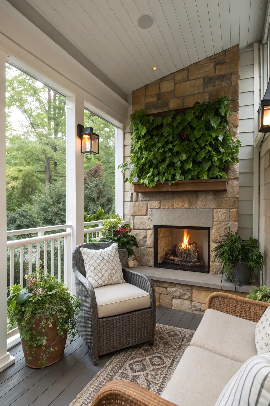 A vertical garden adds a refreshing green touch to the porch.