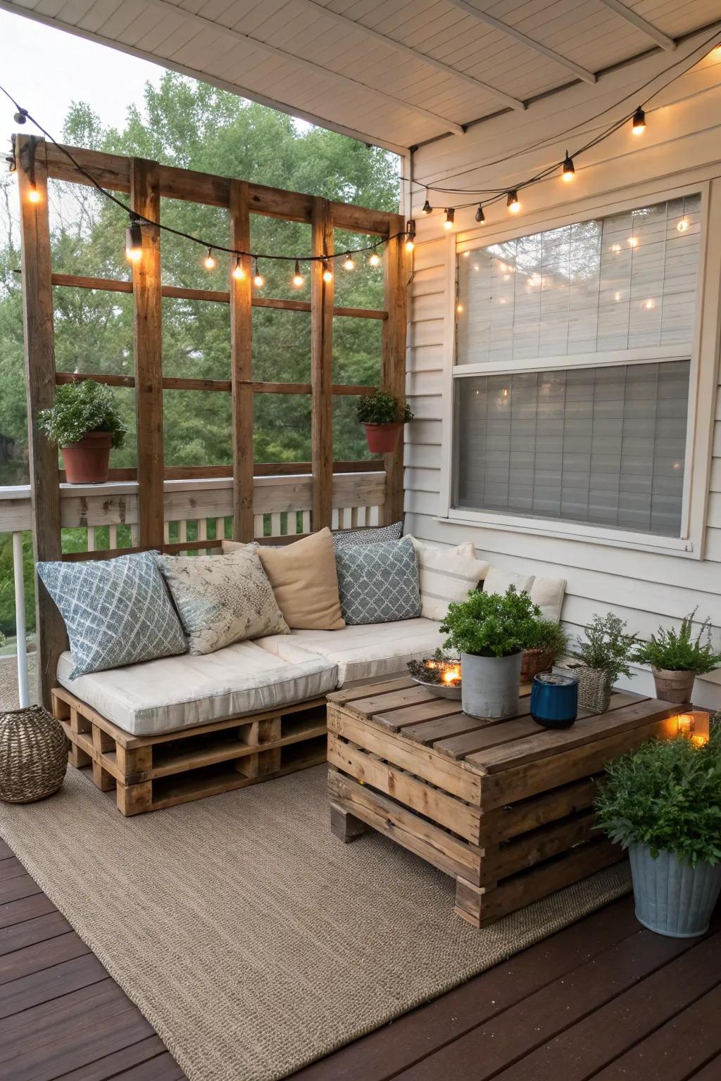 DIY pallet furniture adds a rustic, personal touch to a small porch.