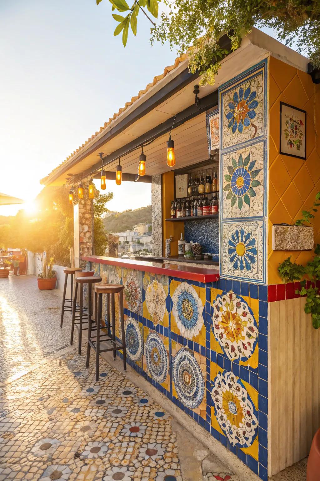 Bring Mediterranean charm to your shed bar with colorful tiles.