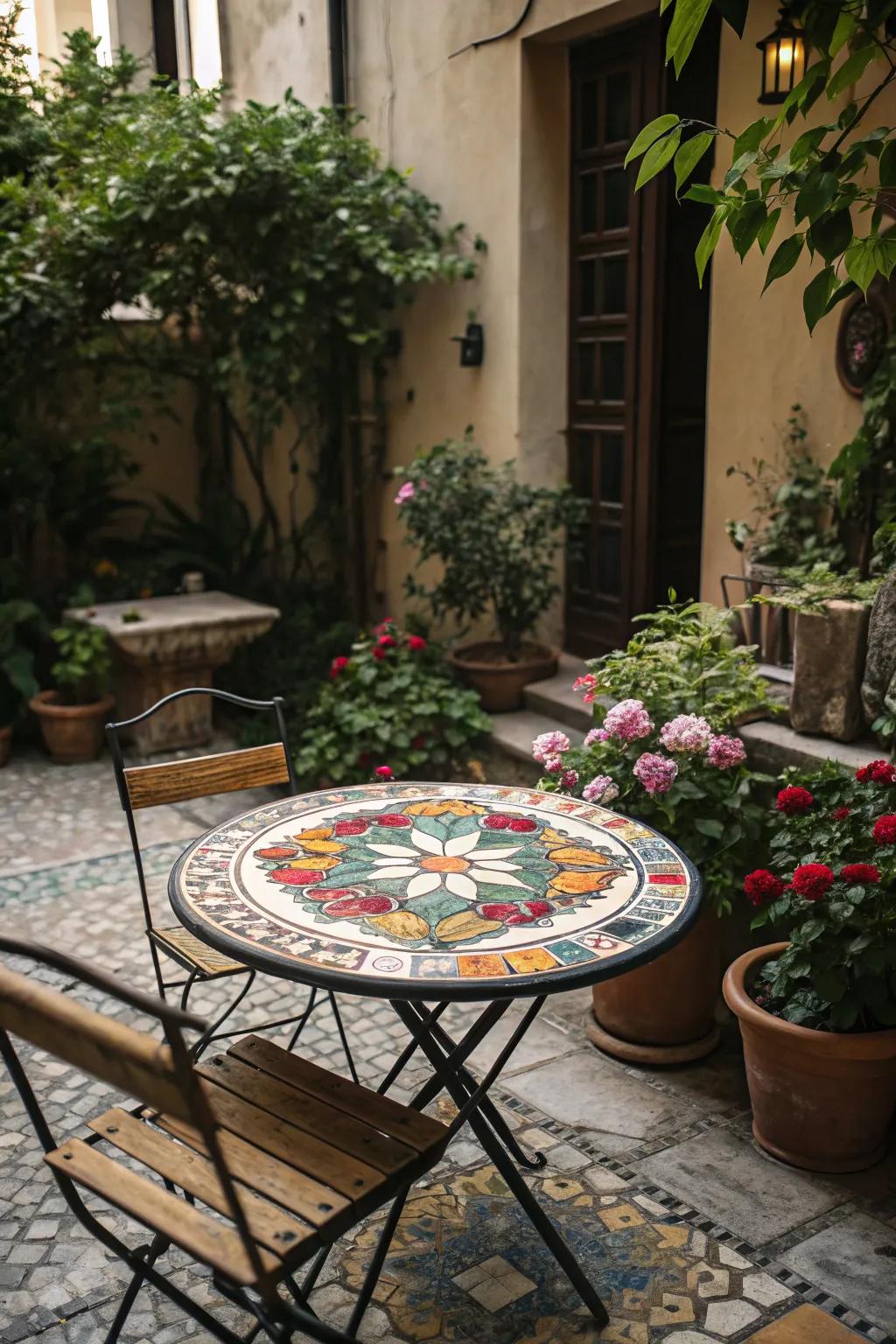 A mosaic tabletop is both unique and a conversation starter.