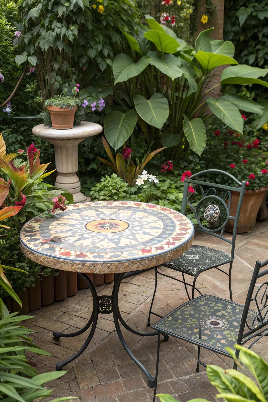 A mosaic tabletop adds artistic flair.