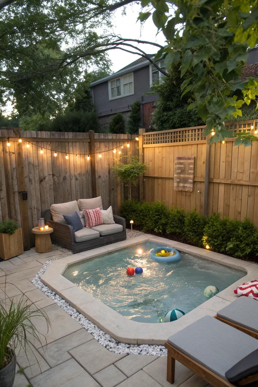 A corner splash pool makes efficient use of backyard space.