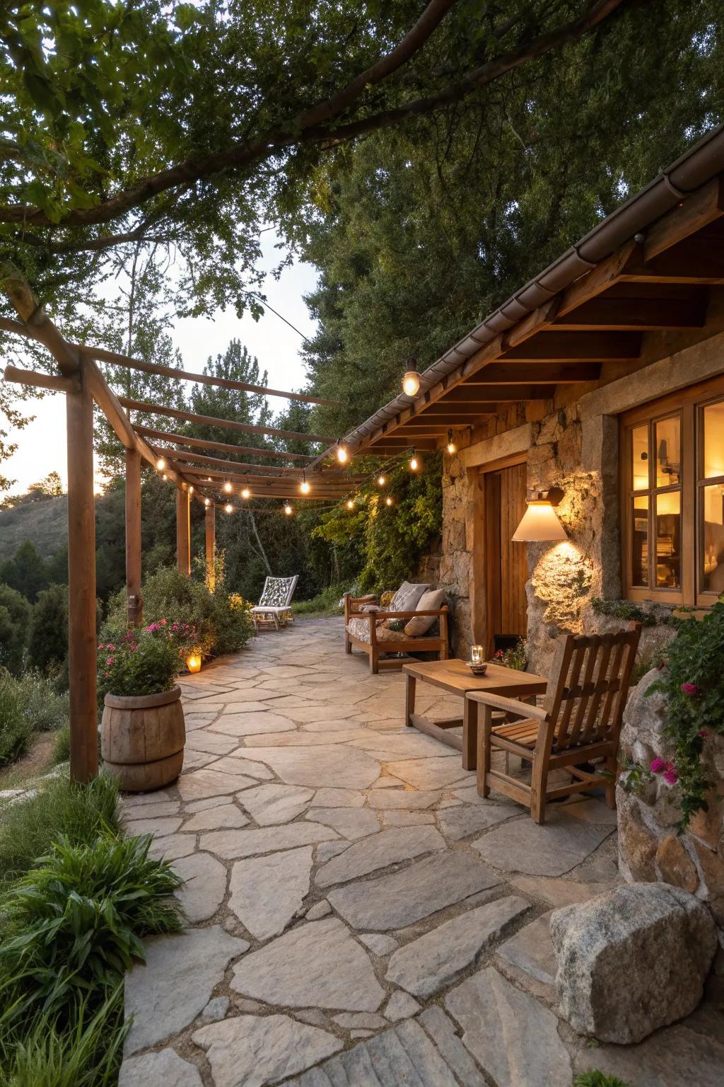 Stone and wood create a harmonious and inviting space.