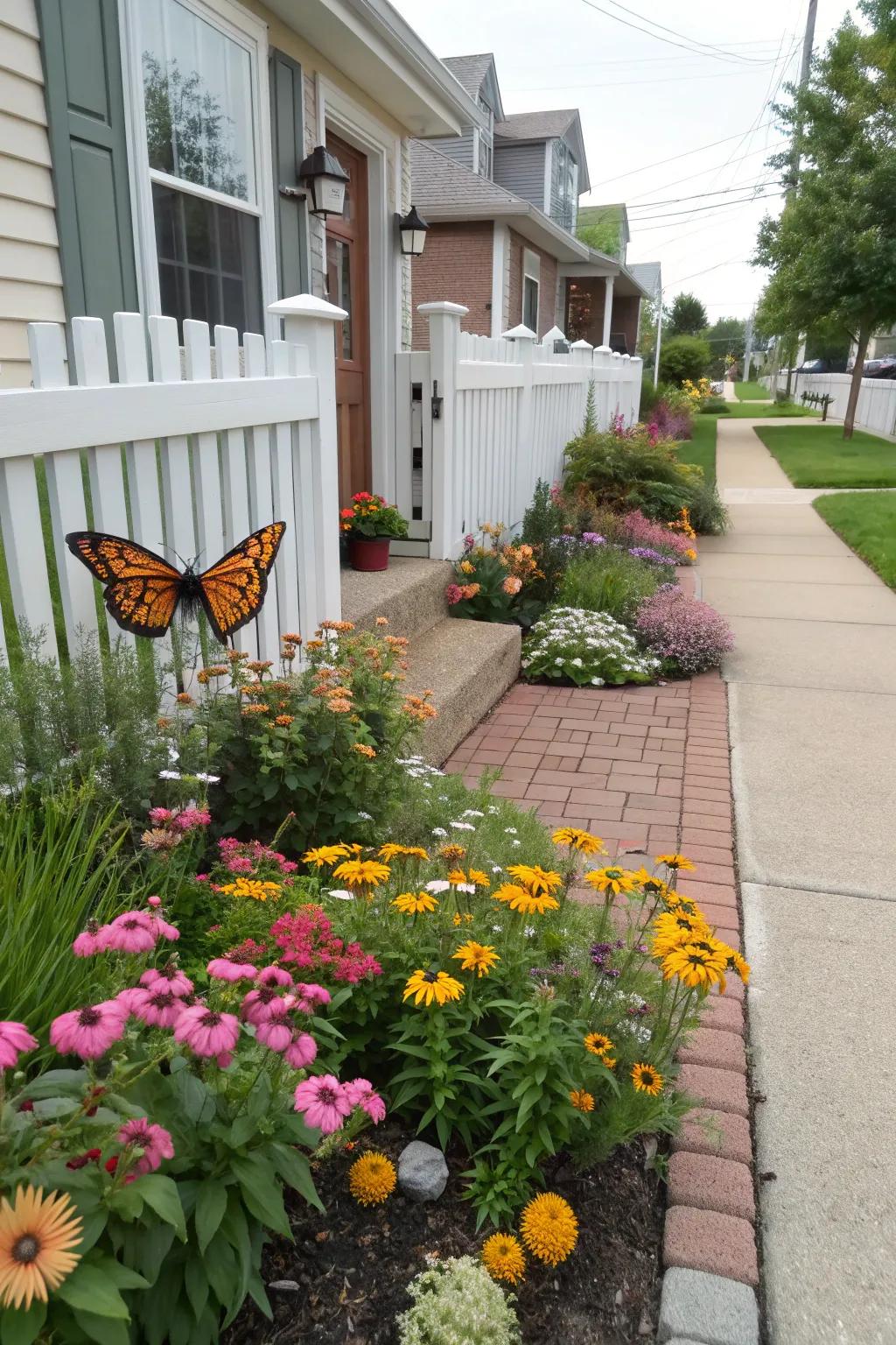 A butterfly-themed garden brings life and color to this townhouse front space.