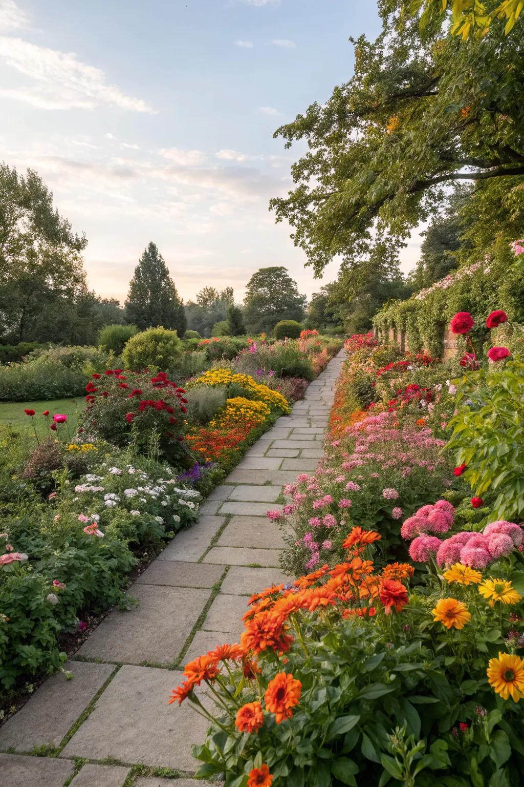 A small garden with vibrant and colorful flower borders