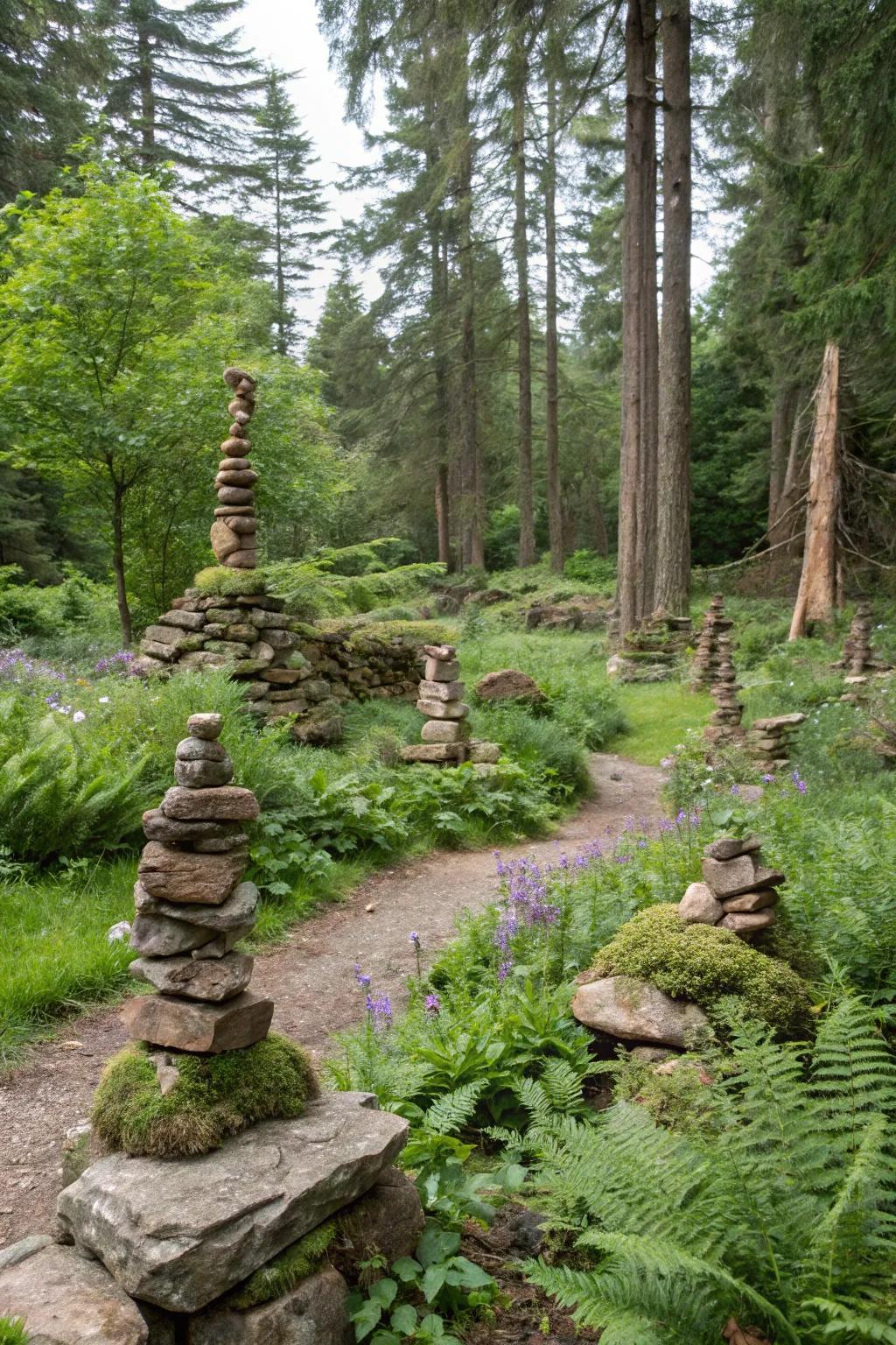 Natural sculptures create intriguing focal points in the garden.
