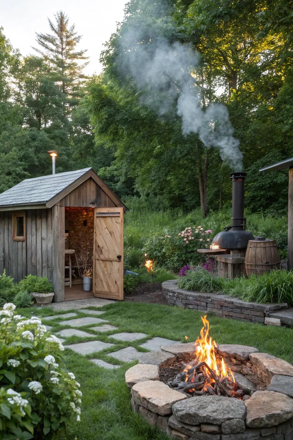 A smokehouse with a cozy fire pit nearby.