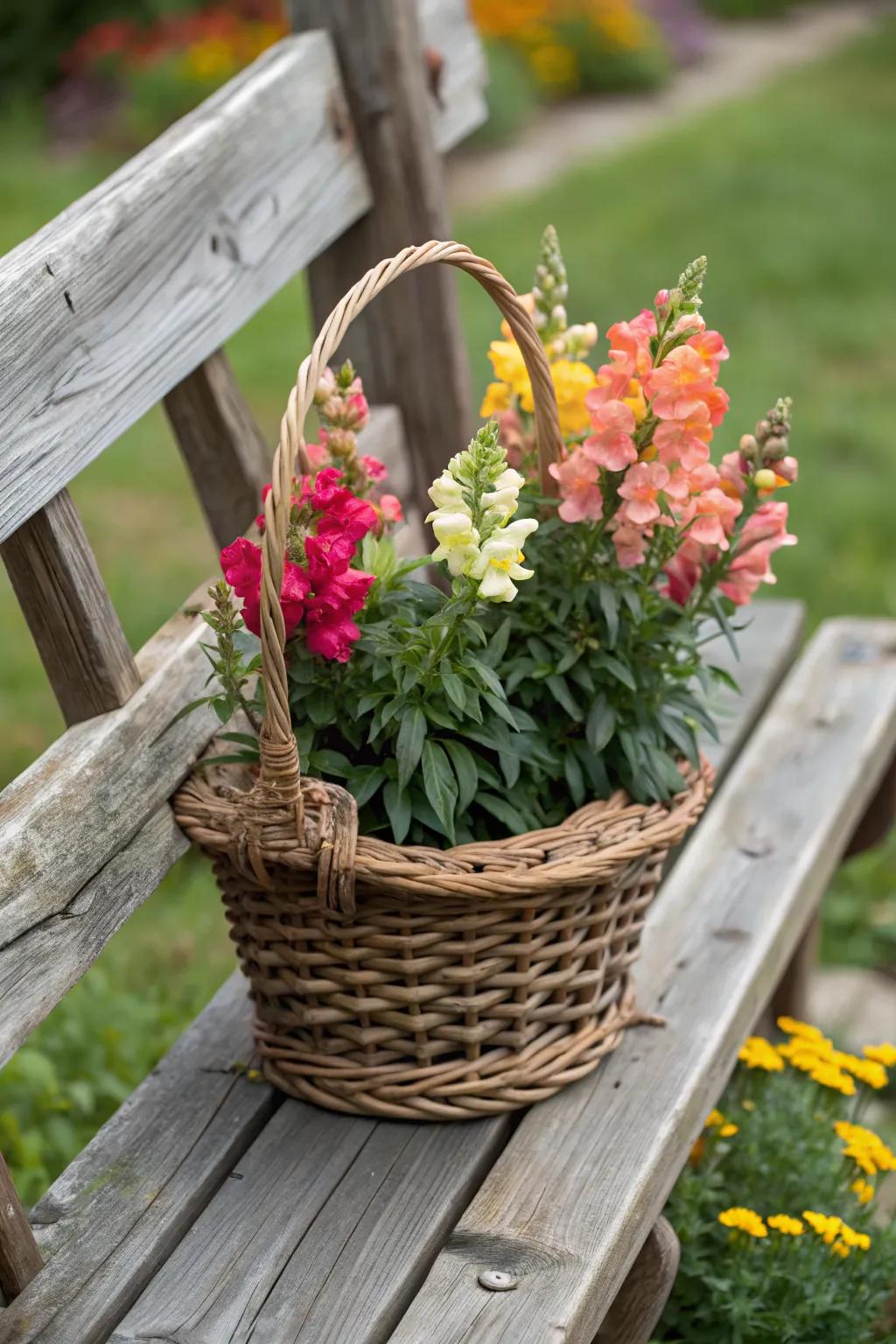 Rustic woven basket teeming with snapdragons, ideal for a country-style garden.