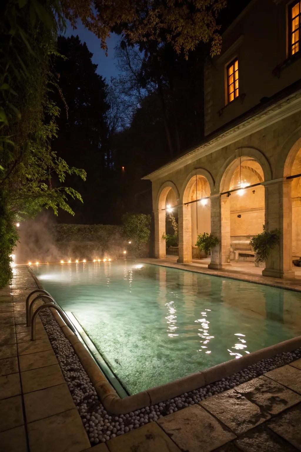 A soak pool beautifully illuminated with underwater lighting.