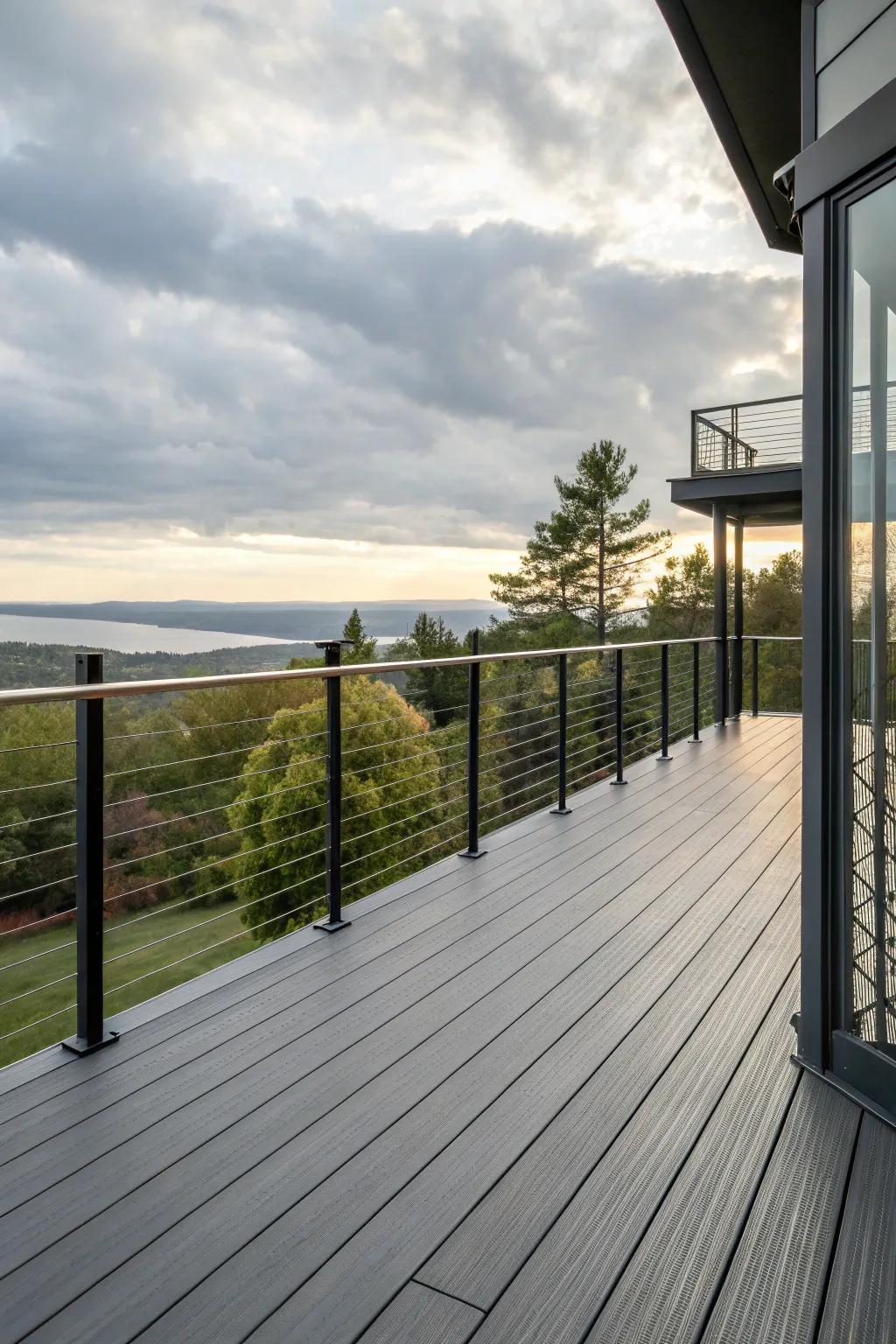 Sleek cable railings providing a sophisticated, open view.