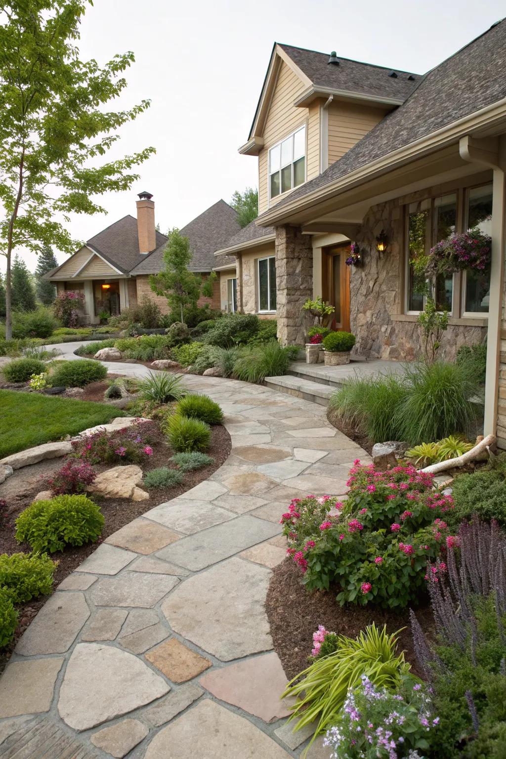 A balanced mix of hardscape and softscape in a Southern front yard.