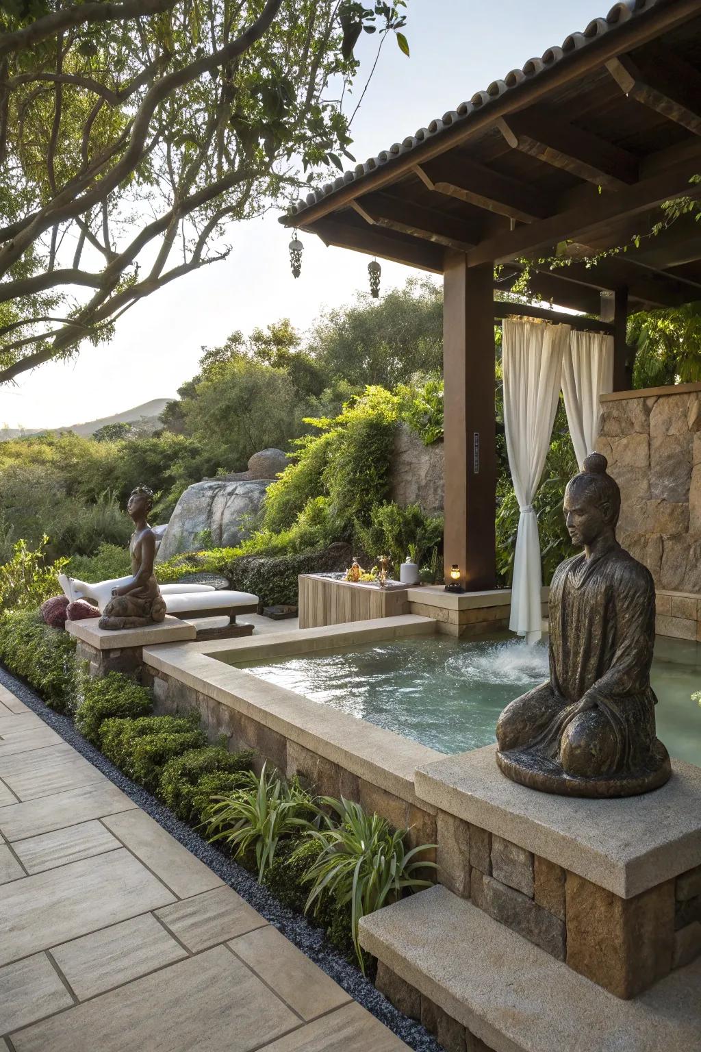 Sculptures add a personal artistic touch to the spa.