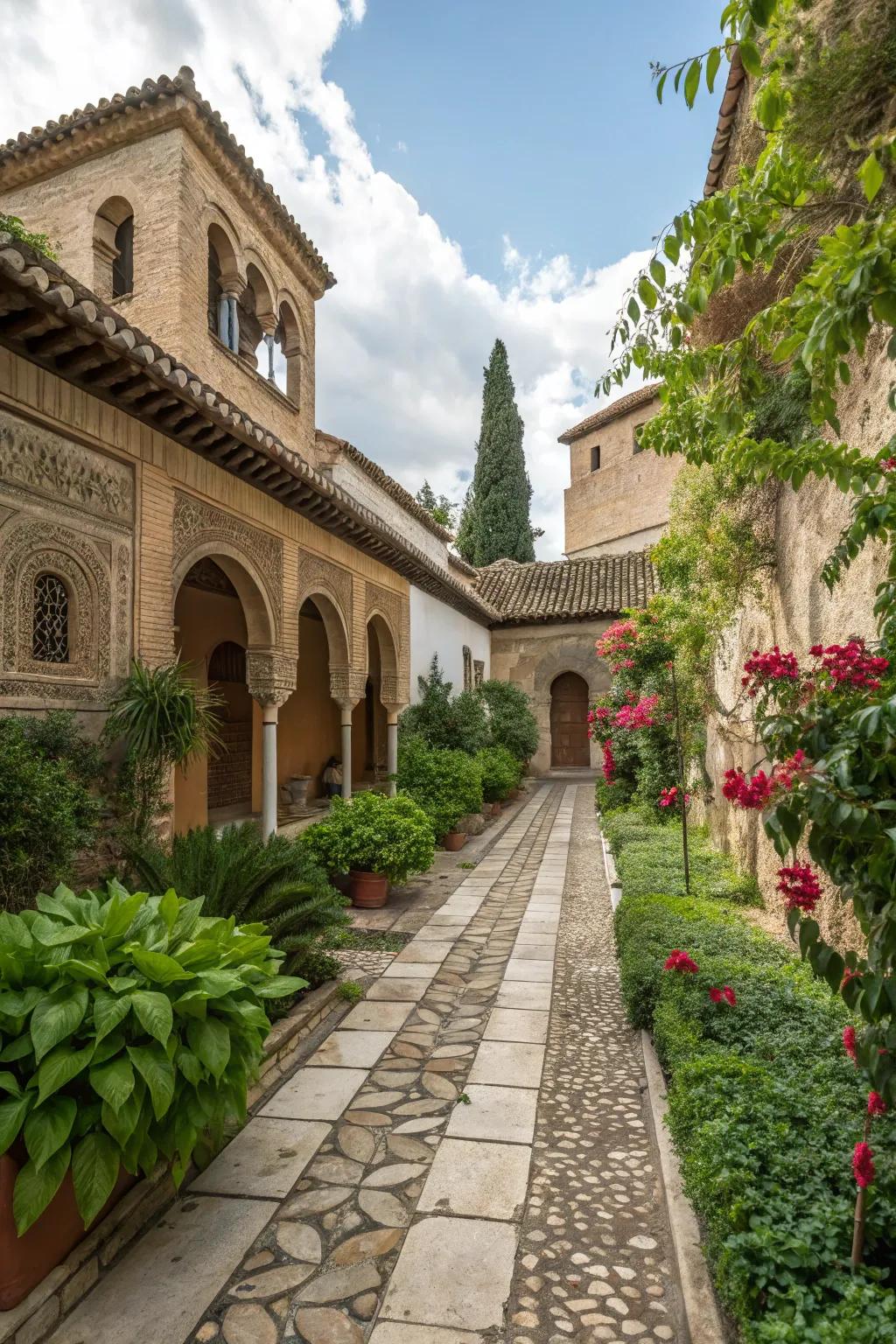 Stone pathways add rustic charm and guidance.