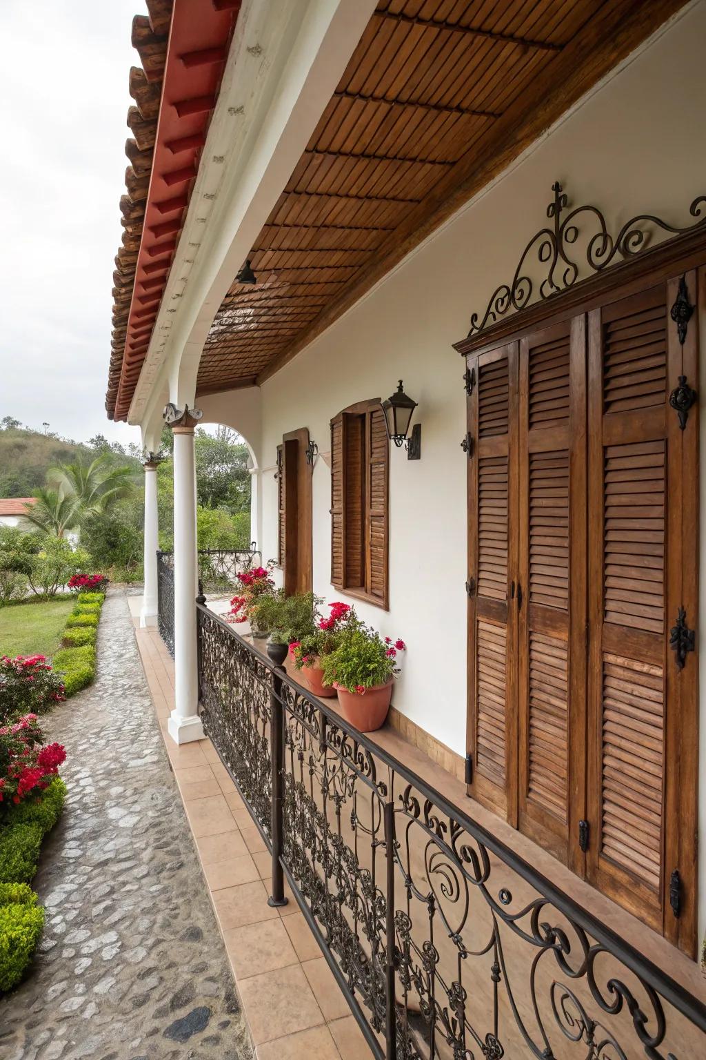Wooden shutters add warmth and privacy to your porch.