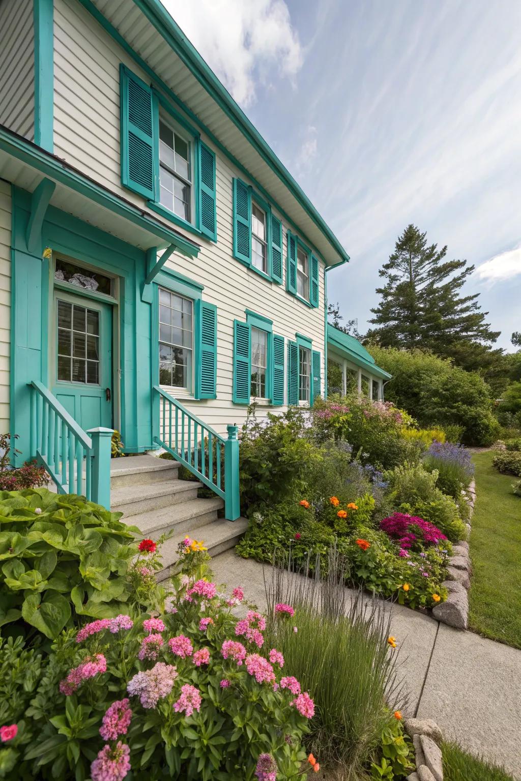 Bright turquoise accents bring a playful pop to this split-level home.