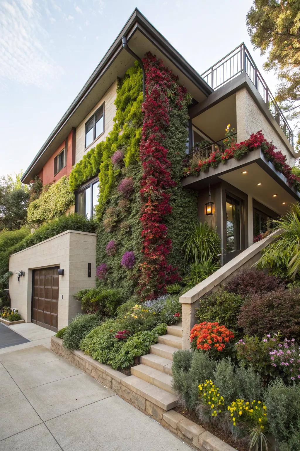 Vertical gardens bring life and color to this home's exterior walls.