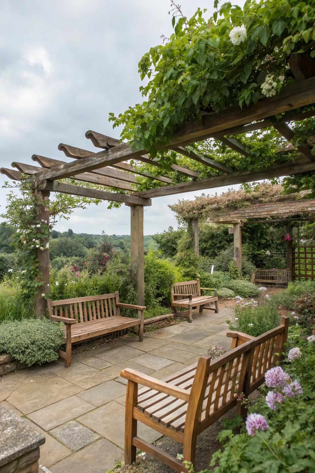 Rustic wood features adding warmth to a split-level garden.