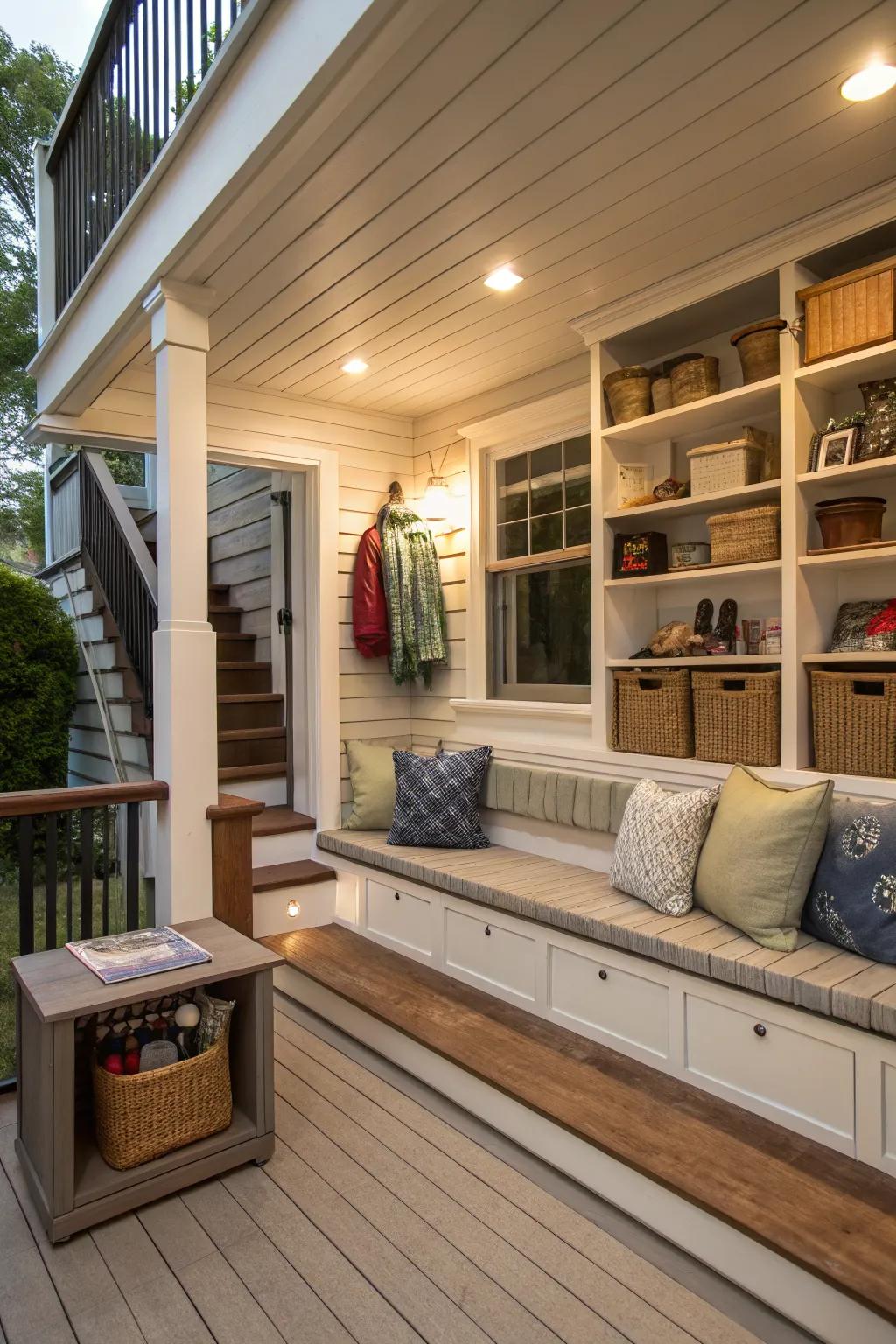 Built-in seating offers practical and stylish solutions for your porch.