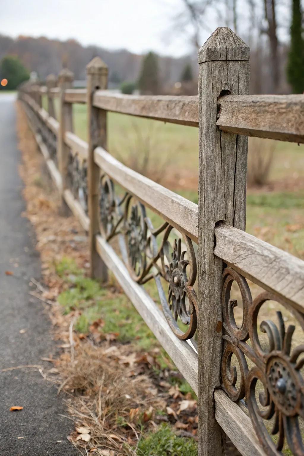 Metalwork adds a creative touch to this split rail fence.