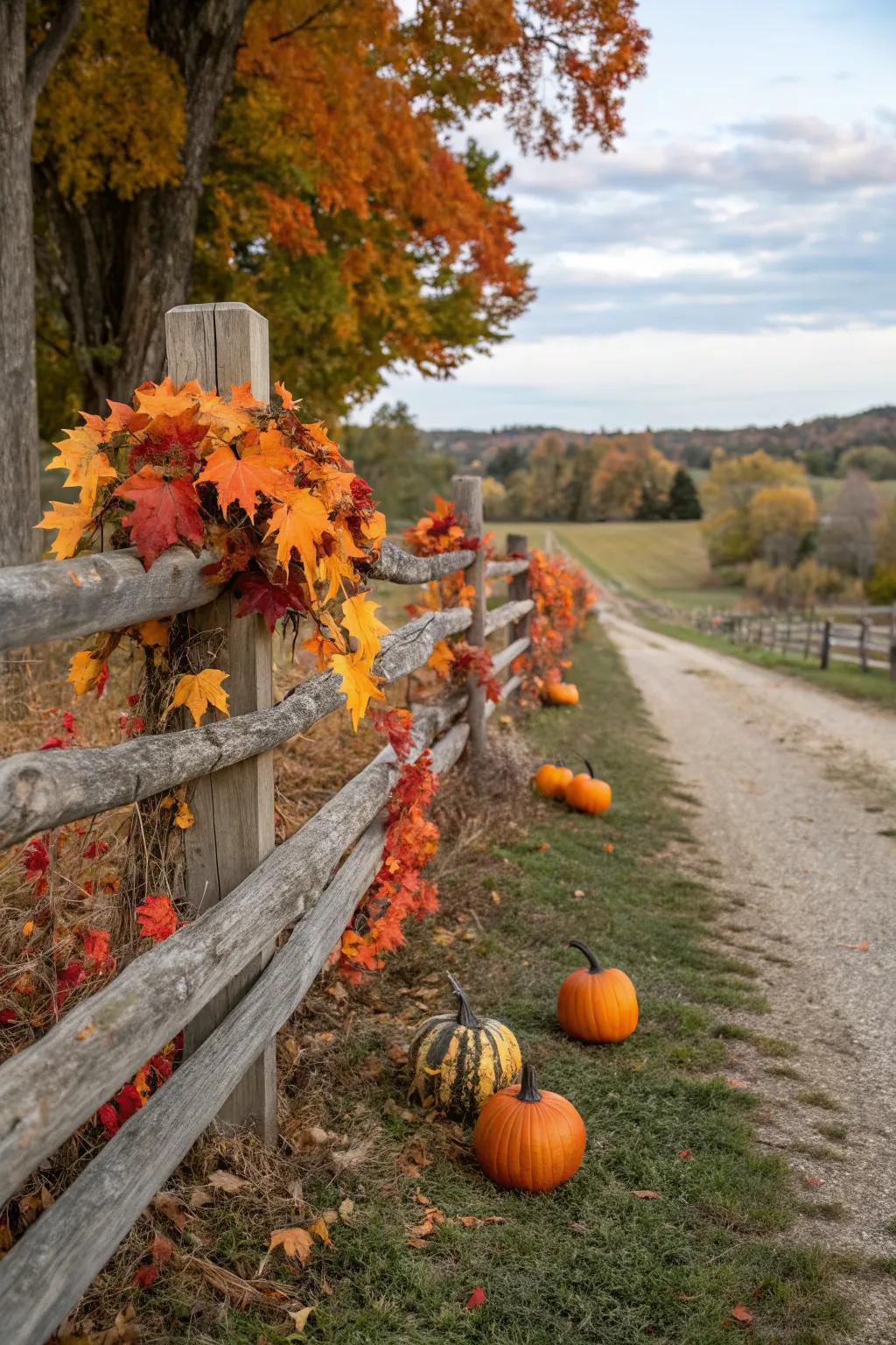 Seasonal decorations add festive charm to this split rail fence, celebrating autumn's beauty.