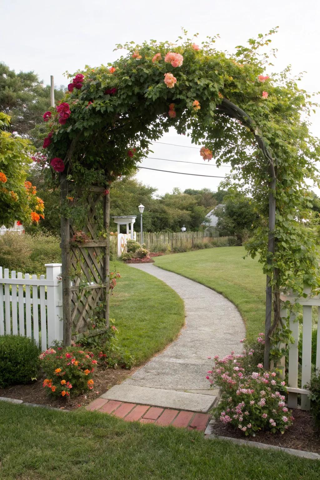 A garden arch creates a dramatic entrance.