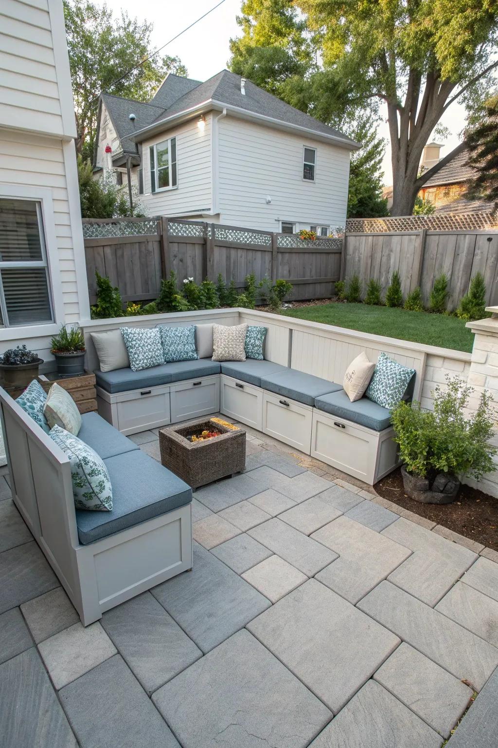 Hidden features offer practicality to square patios.