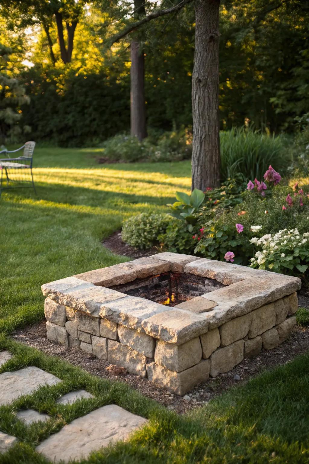 Natural stone creates an organic and earthy fire pit.