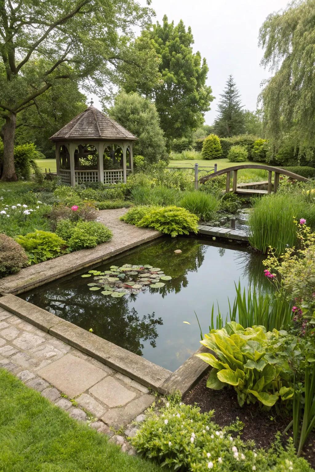 A square pond charmingly nestled in a garden corner, optimizing space.