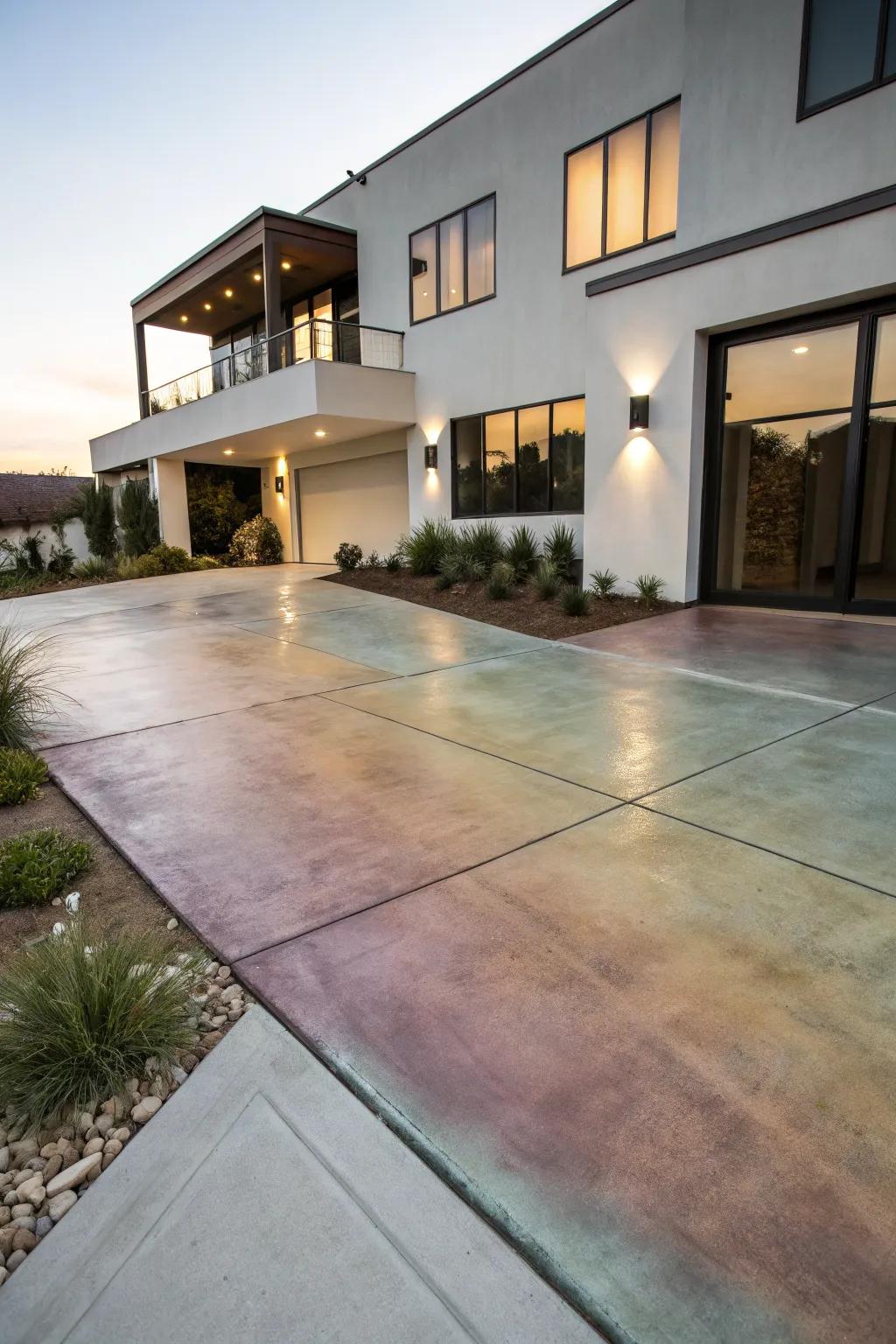 Gradient blends create a seamless, artistic effect on this driveway.