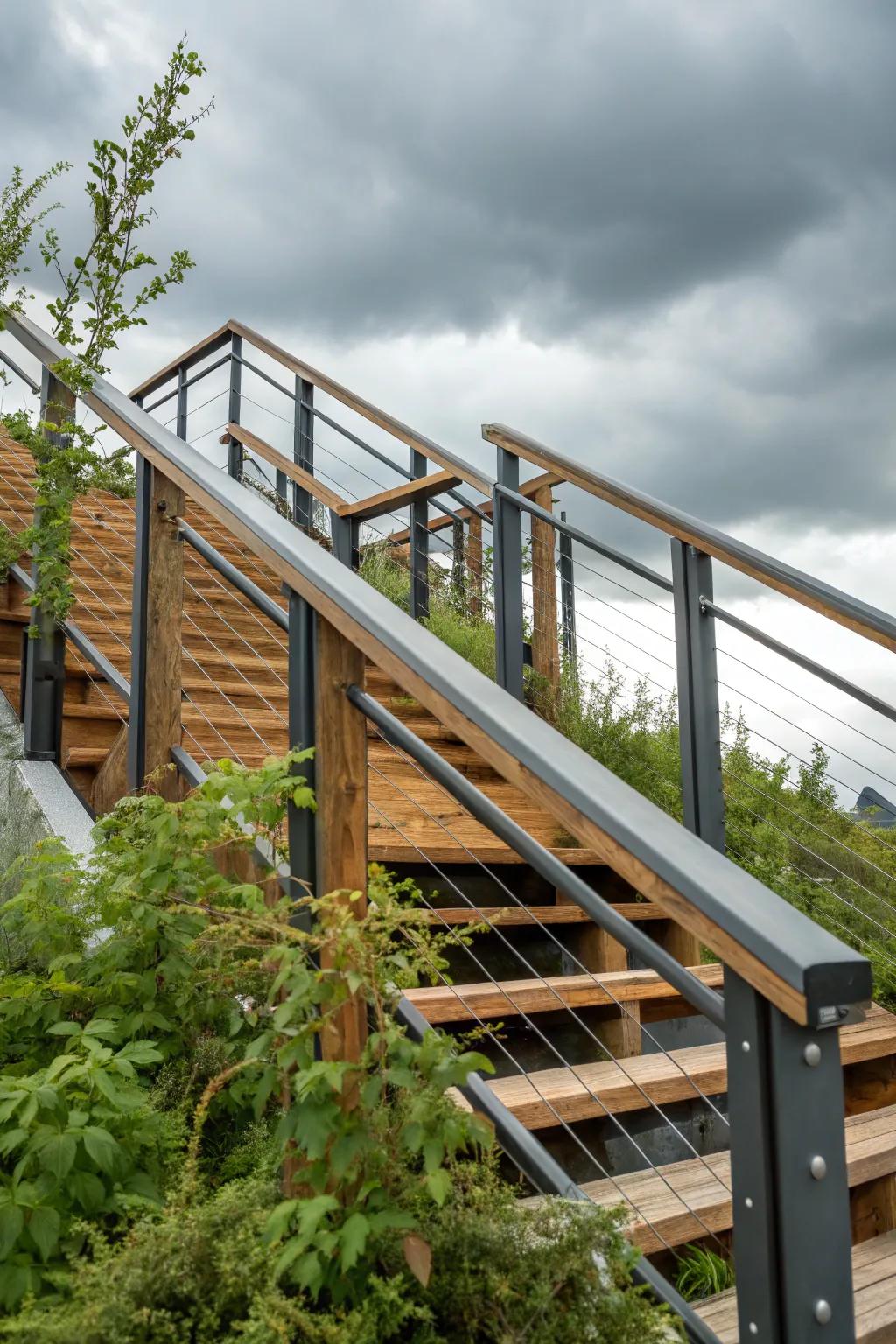 Mixed materials create dynamic and visually interesting railings.