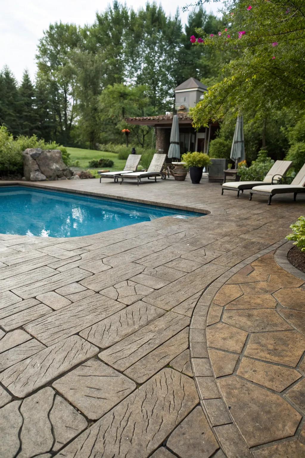 Rustic charm with stamped concrete mimicking natural materials.