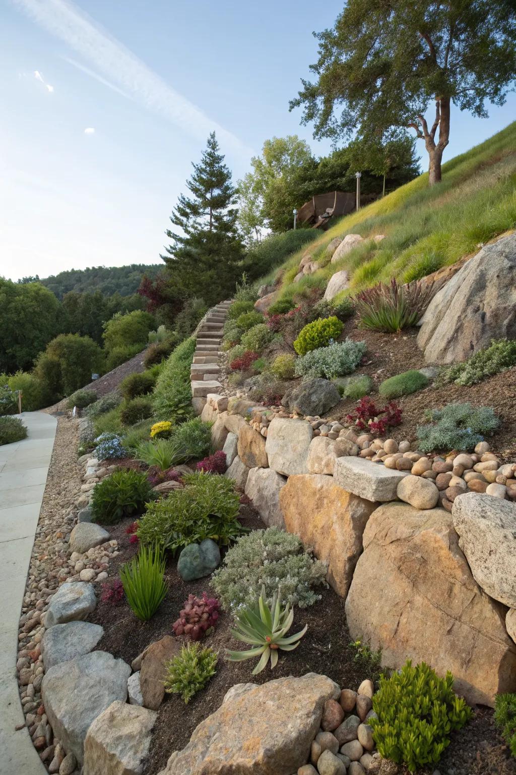 A striking rock garden enhancing a steep slope's natural beauty.
