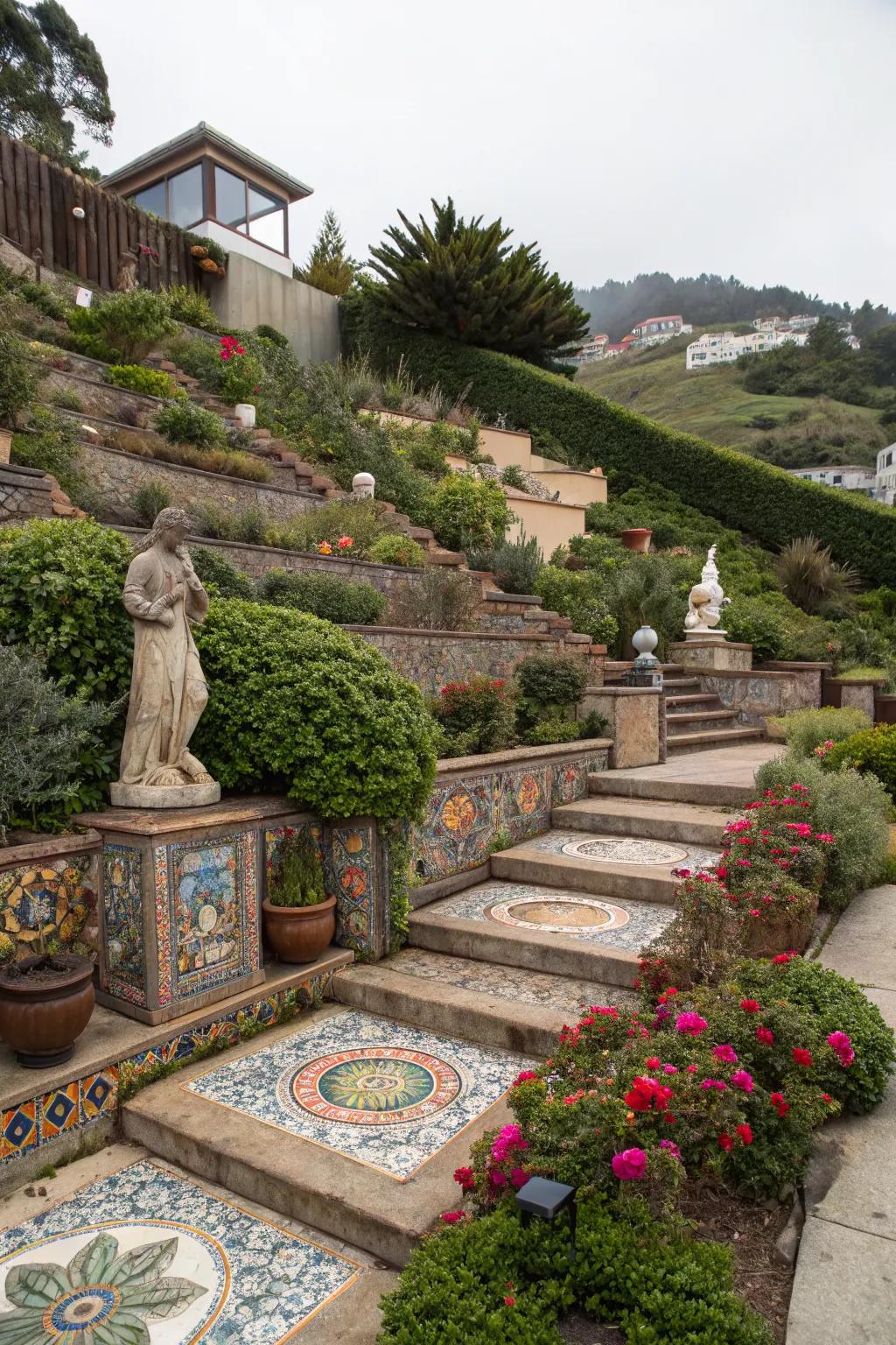 Artistic touches personalize terraced garden spaces.
