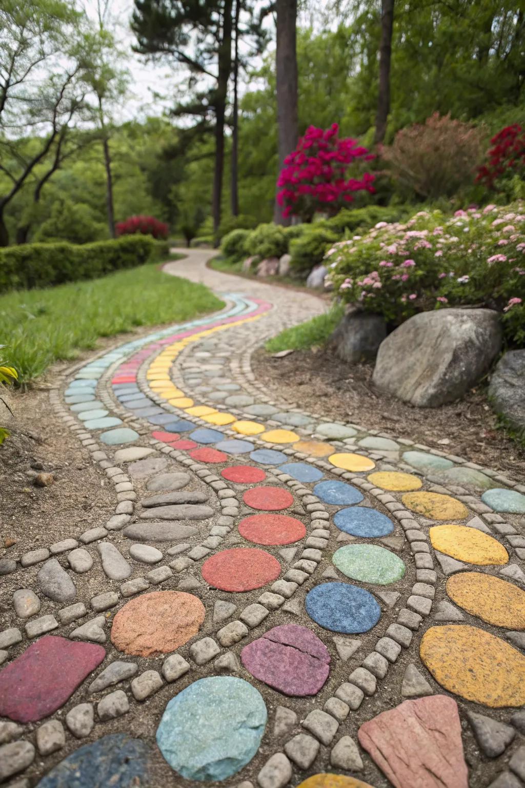 A vibrant mosaic stone pathway showcasing artistic flair.