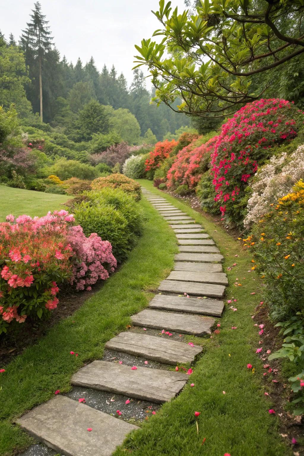 Bold plant borders framing a garden path, enhancing the stepping stones