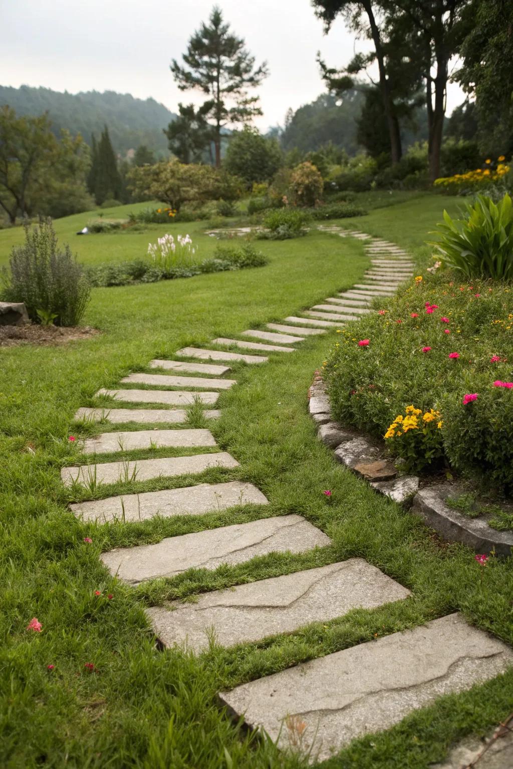 A zigzag stone path creating intrigue in the garden.