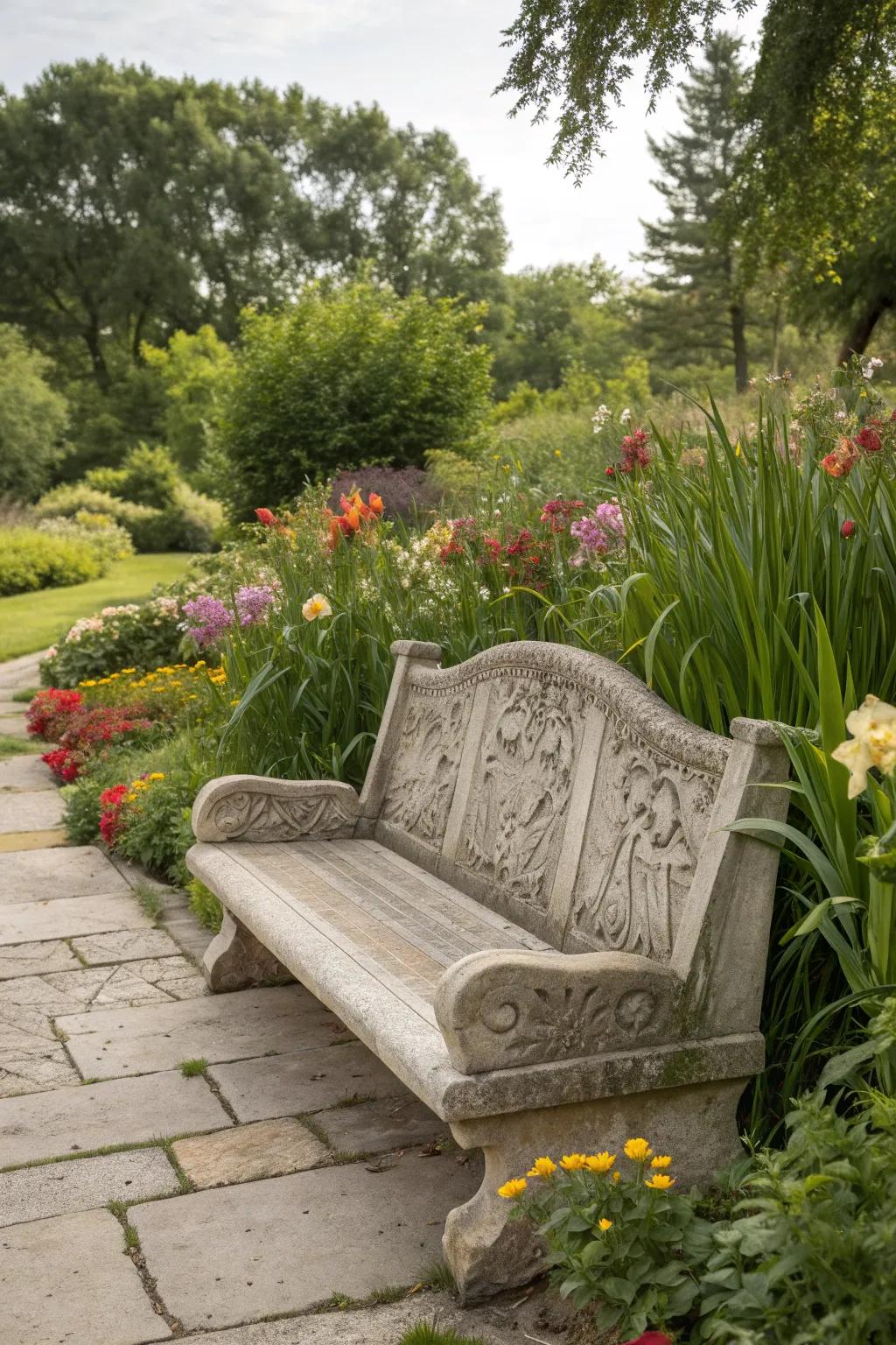 Artistic carvings turn this stone bench into a garden masterpiece.