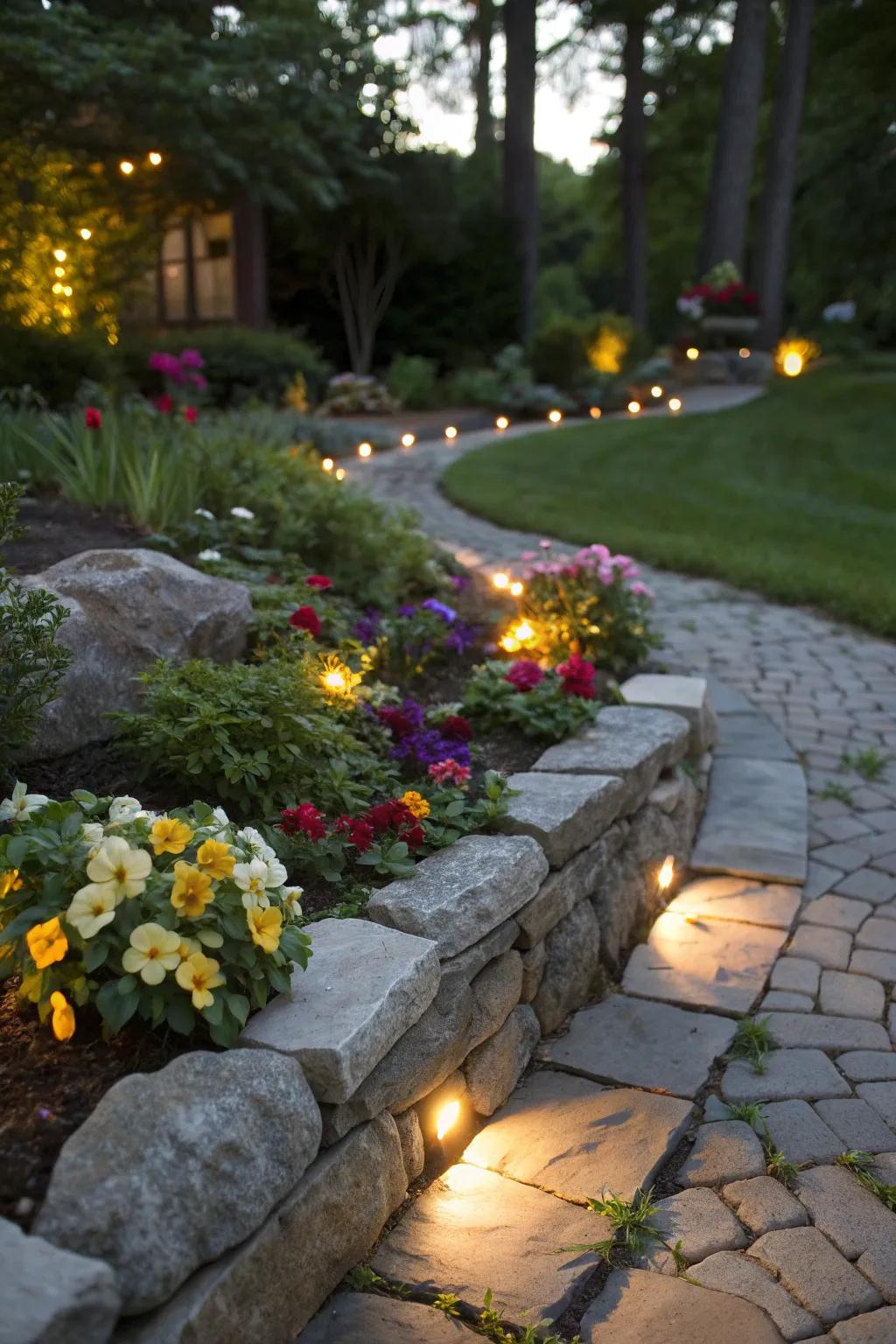 Lighting along stone borders adds evening magic to gardens.