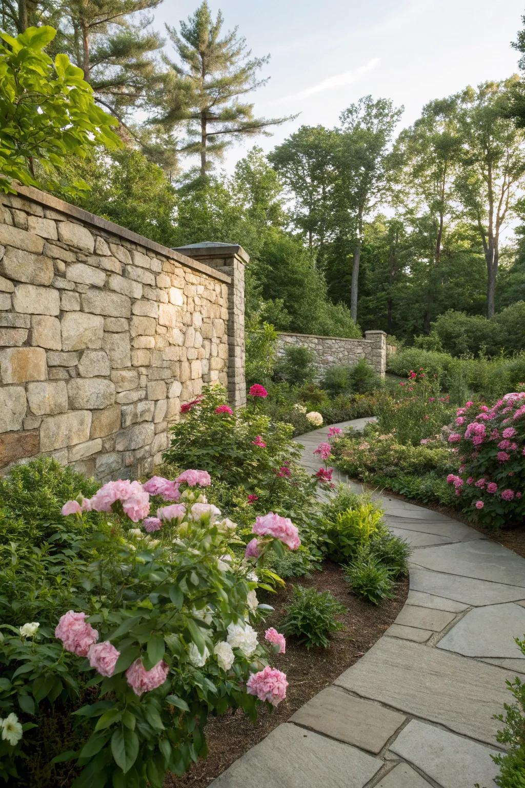 A stone veneer wall adding sophistication to the garden's design.