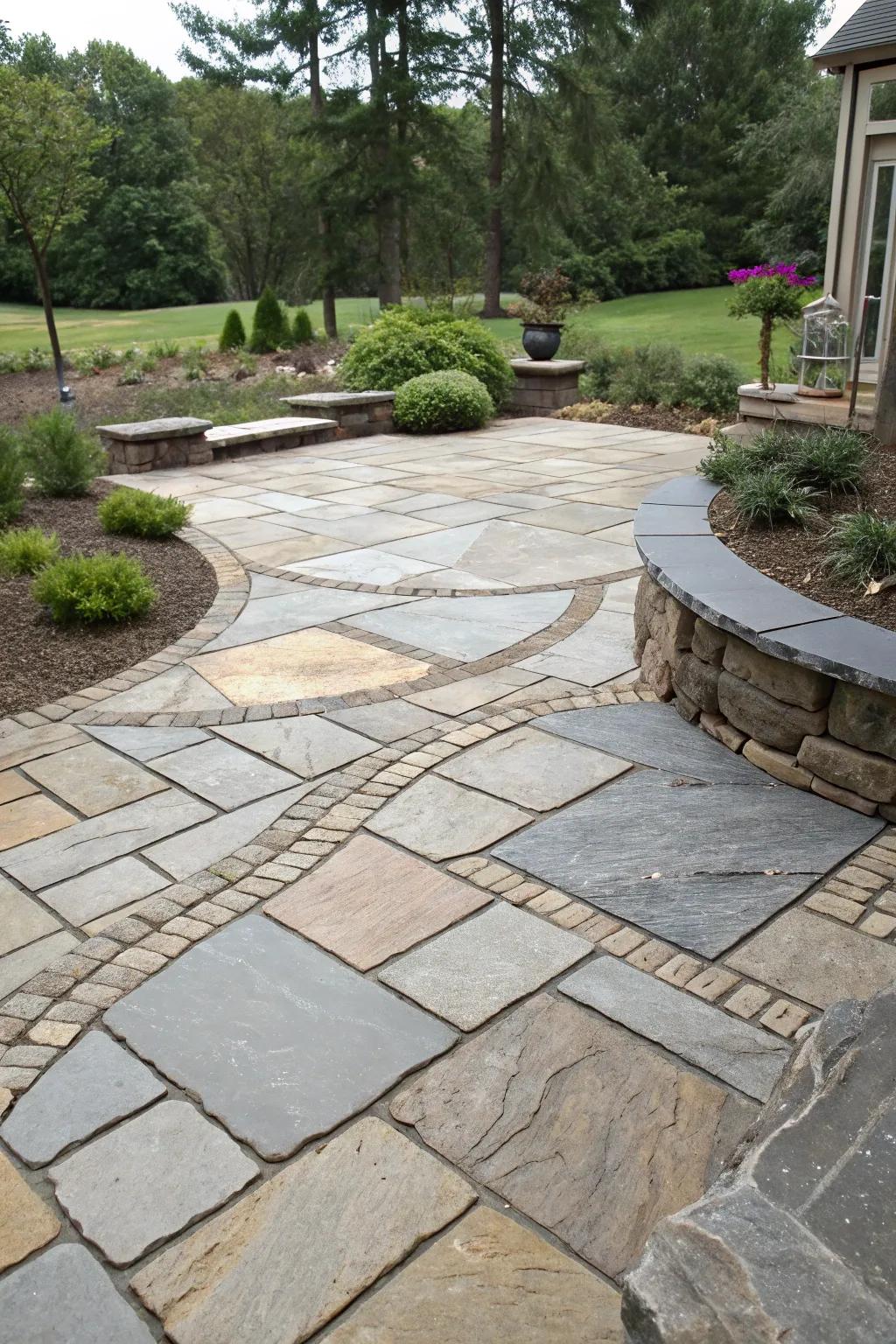 Distinct stone patterns used for zoning on a patio.