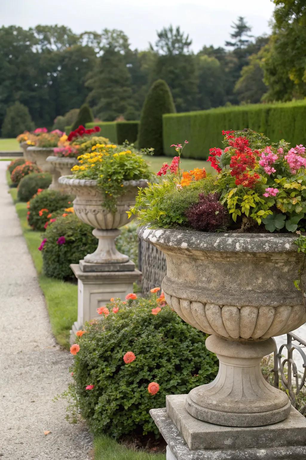 Stone planters showcasing a vibrant array of seasonal flowers.